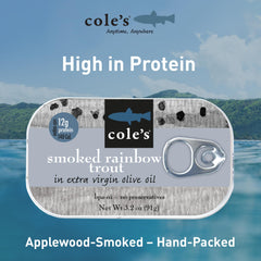 Cole's open tin with trout fillet in olive oil, ready-to-eat convenience shown