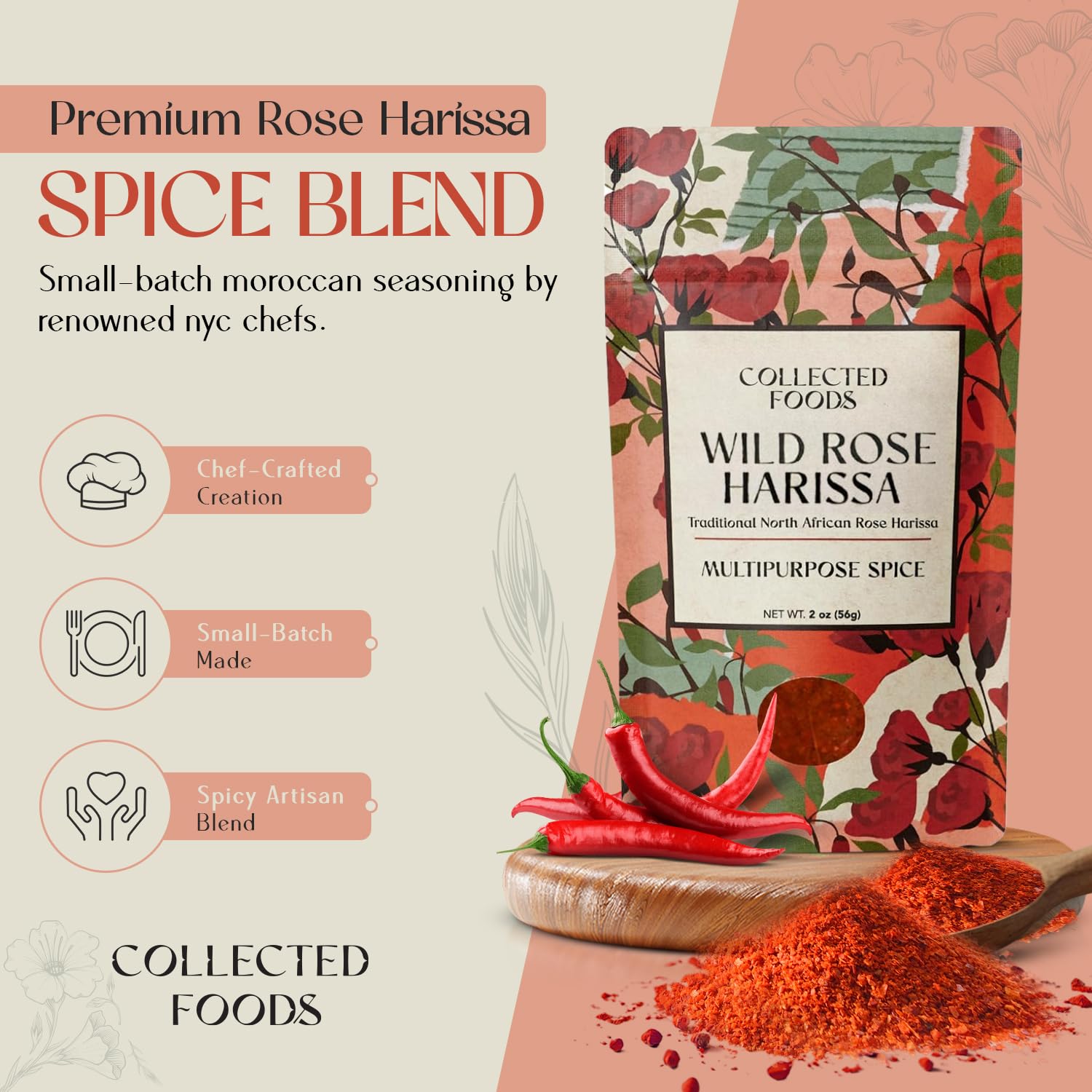 Collected Foods open jar revealing flakes and rose petals for versatile cooking