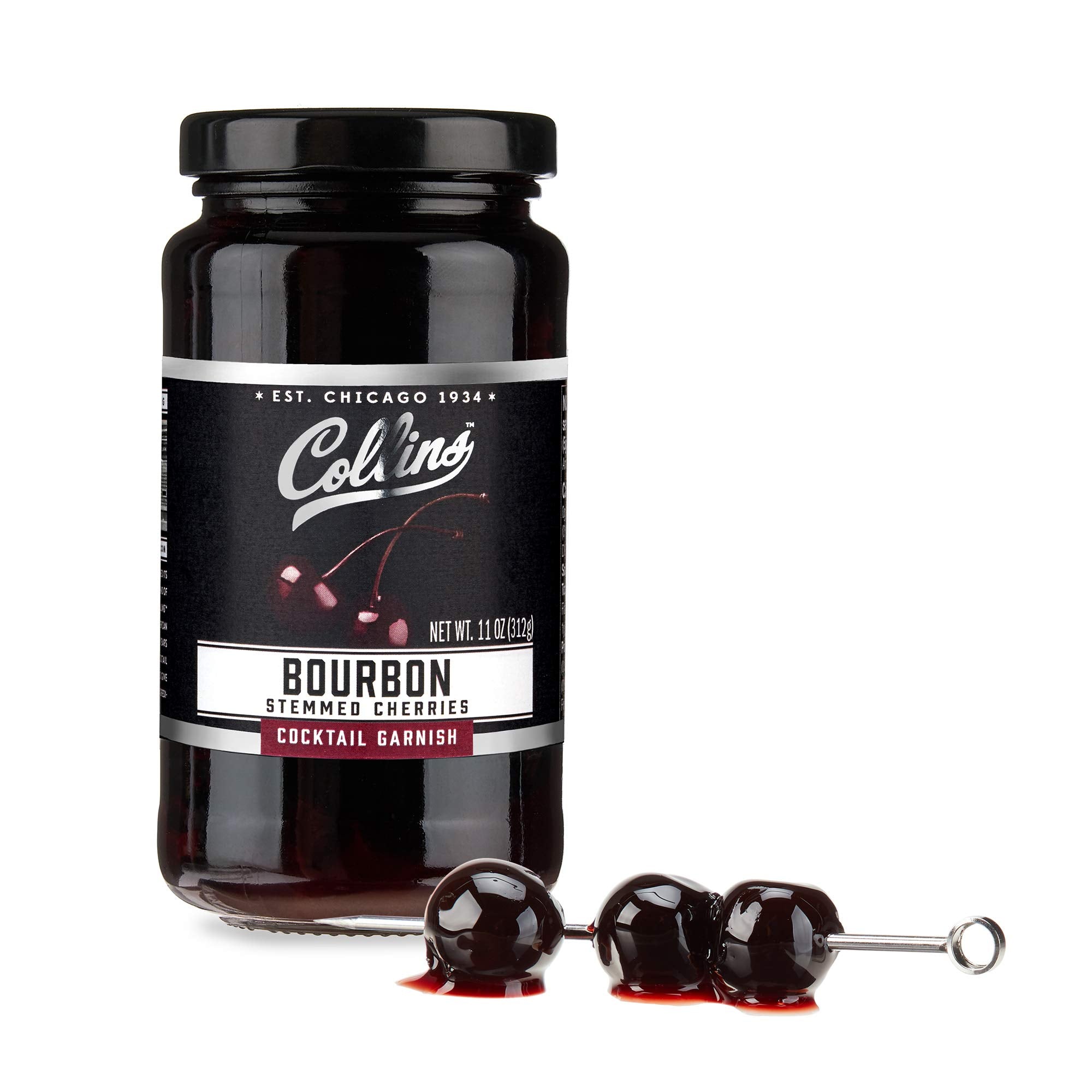 Collins Chicago front jar view showing bourbon cherries and attractive packaging benefit