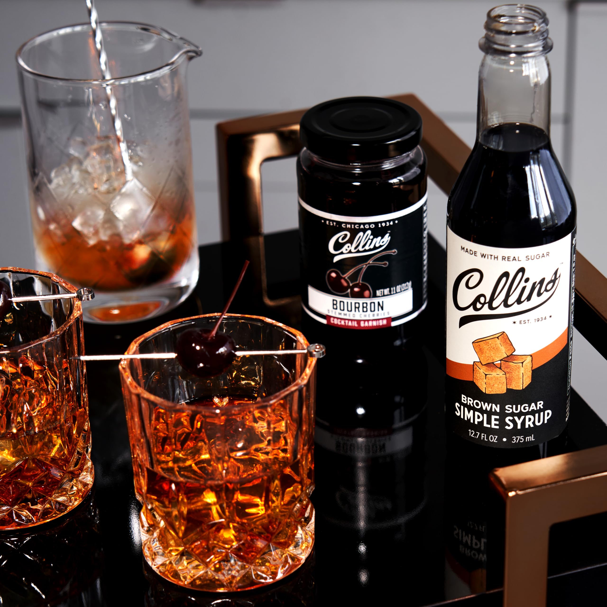 Collins Chicago cherries garnishing an Old Fashioned showing elevated cocktail presentation benefit
