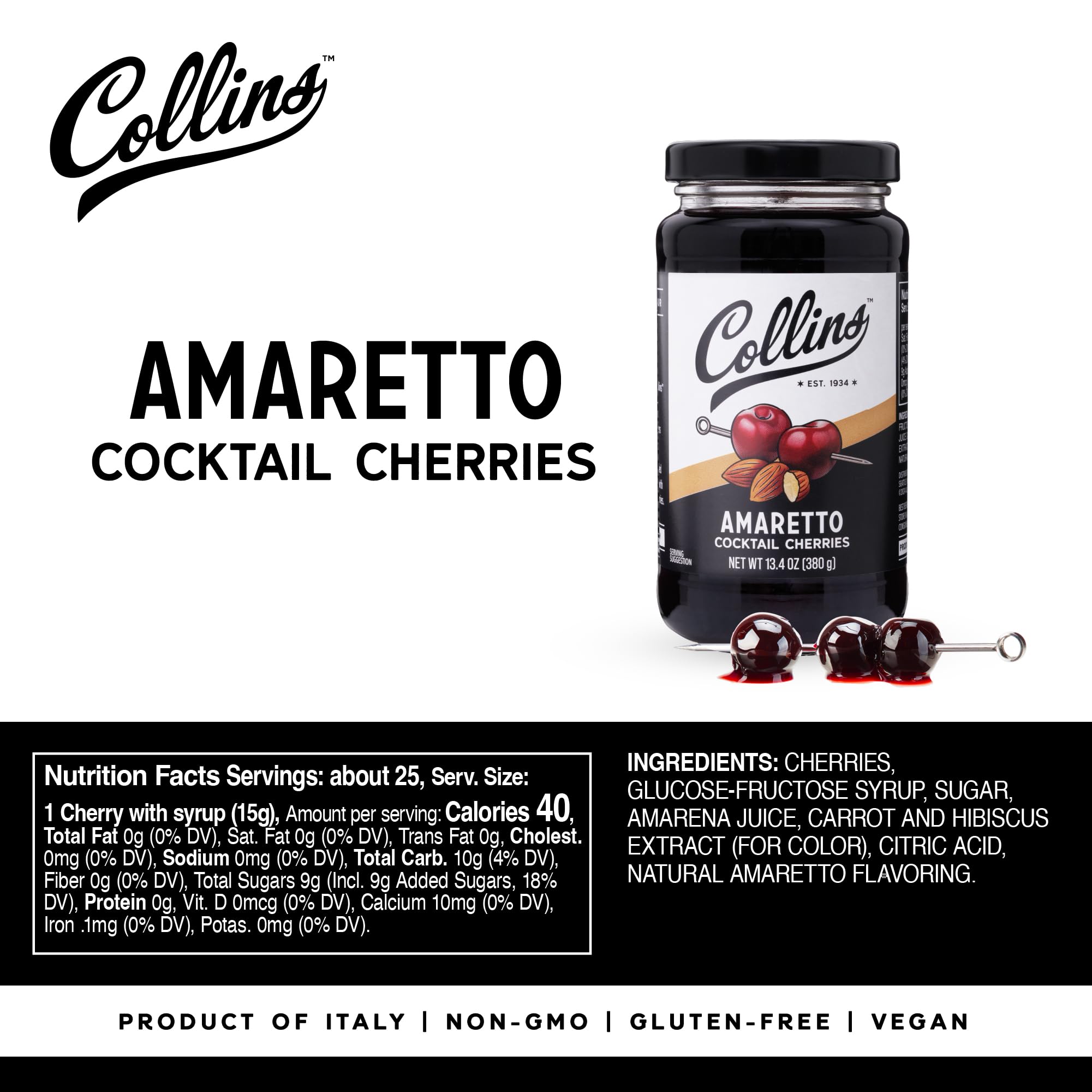 Collins Chicago cherries sitting in an Old Fashioned adding visual and taste appeal