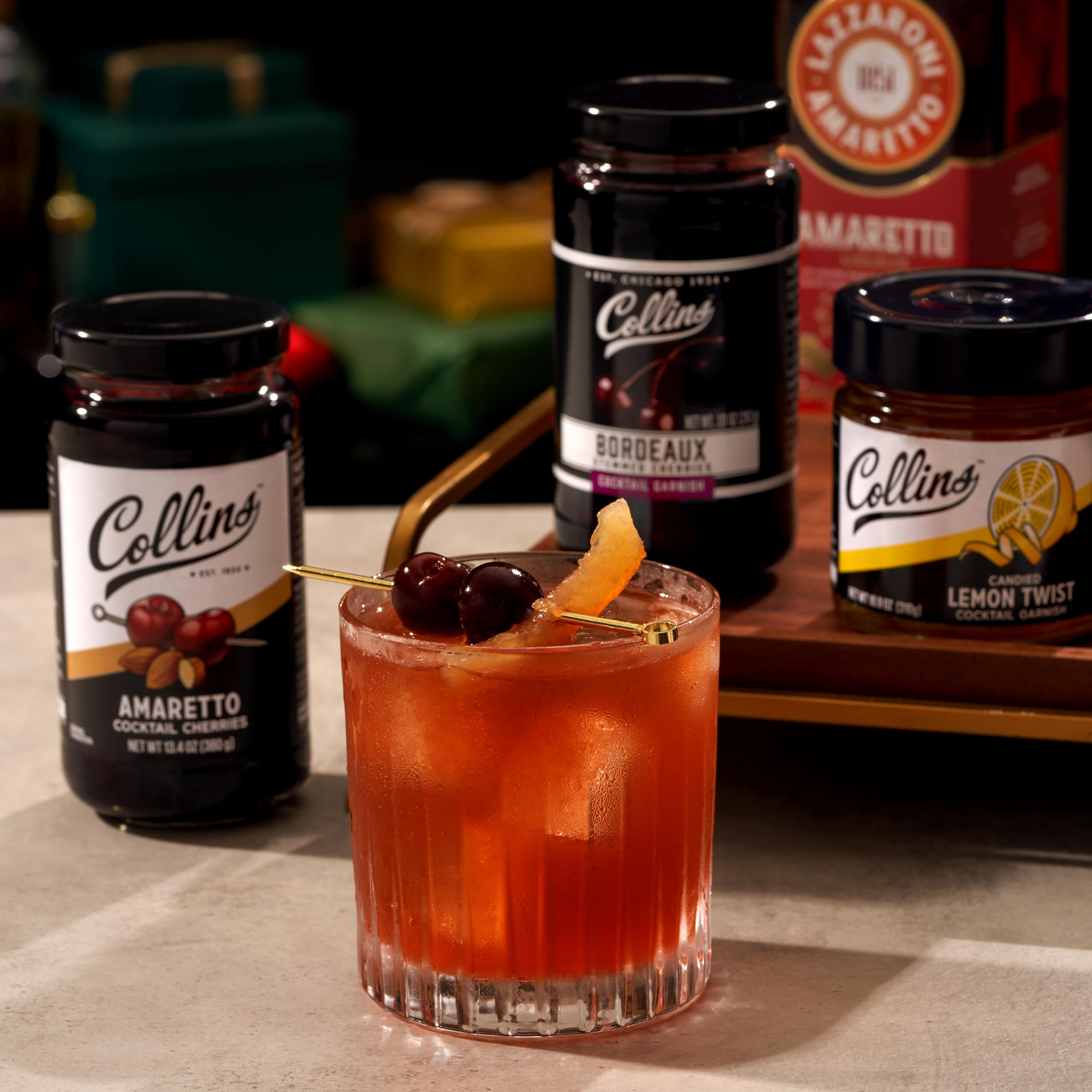 Collins Chicago cherries styled on a kitchen counter suggesting cocktail and baking use benefit
