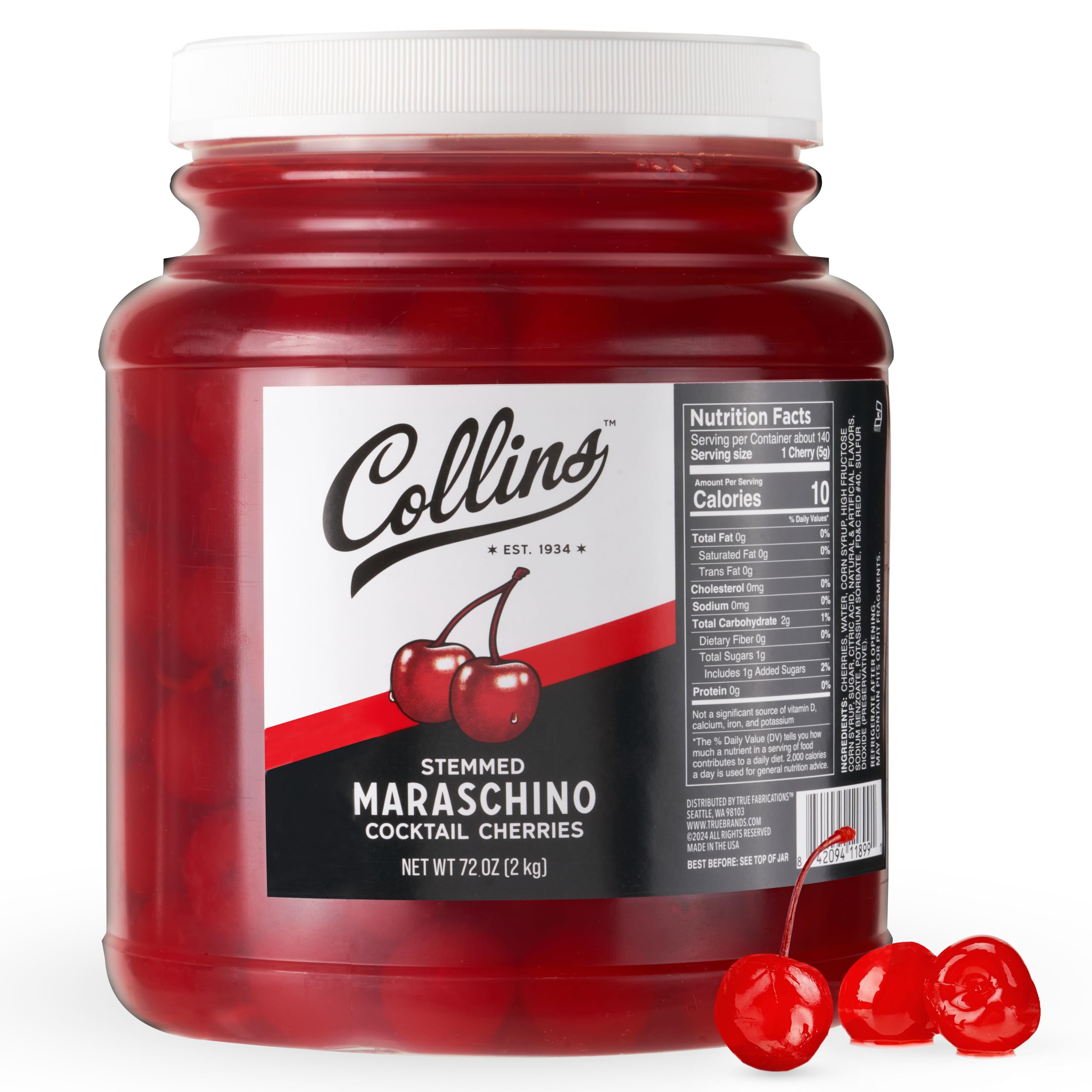 Collins Chicago front of jar showing 72 oz label and bright red cherries for bulk use