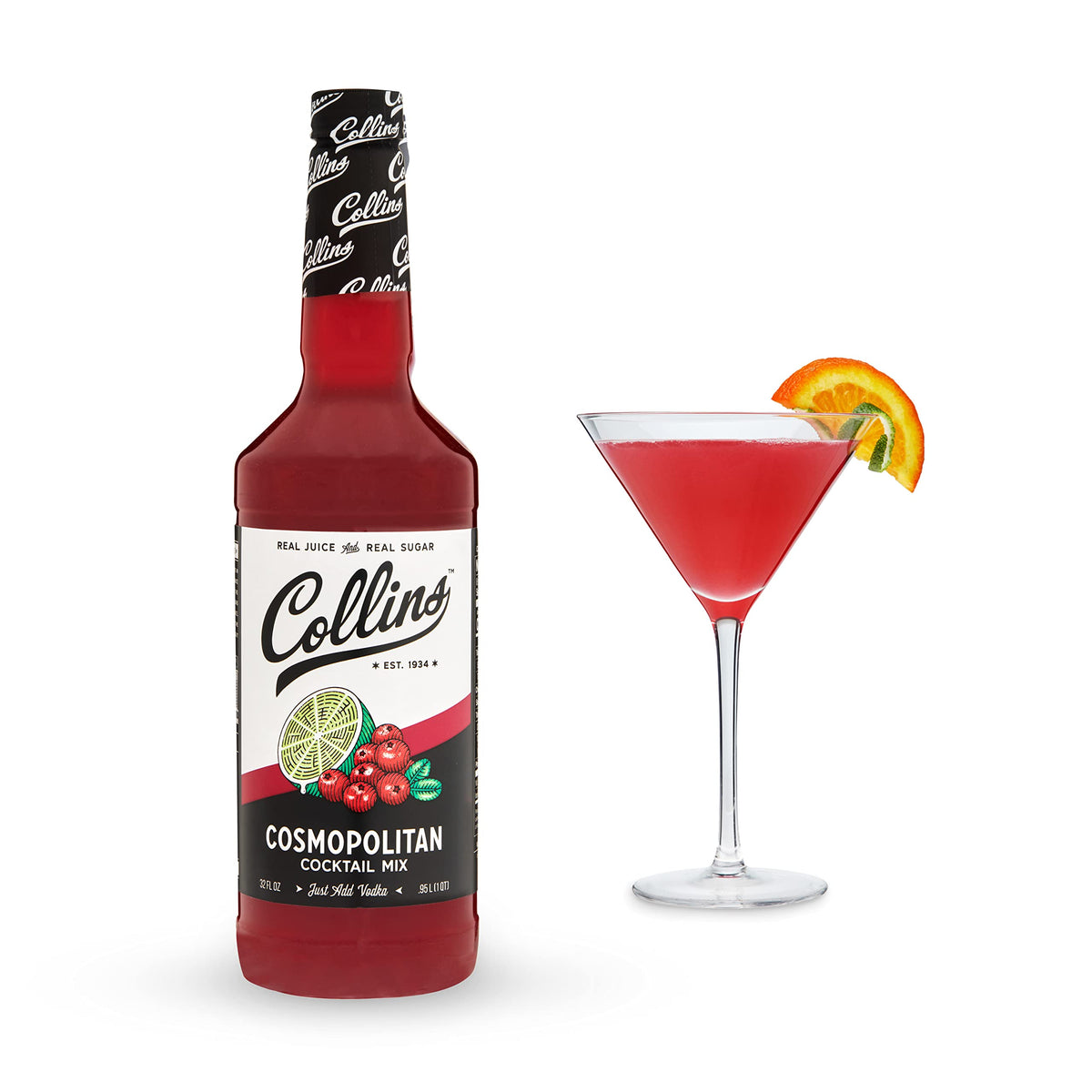 Collins Cosmopolitan Mix front bottle showing brand and color for ready cocktails