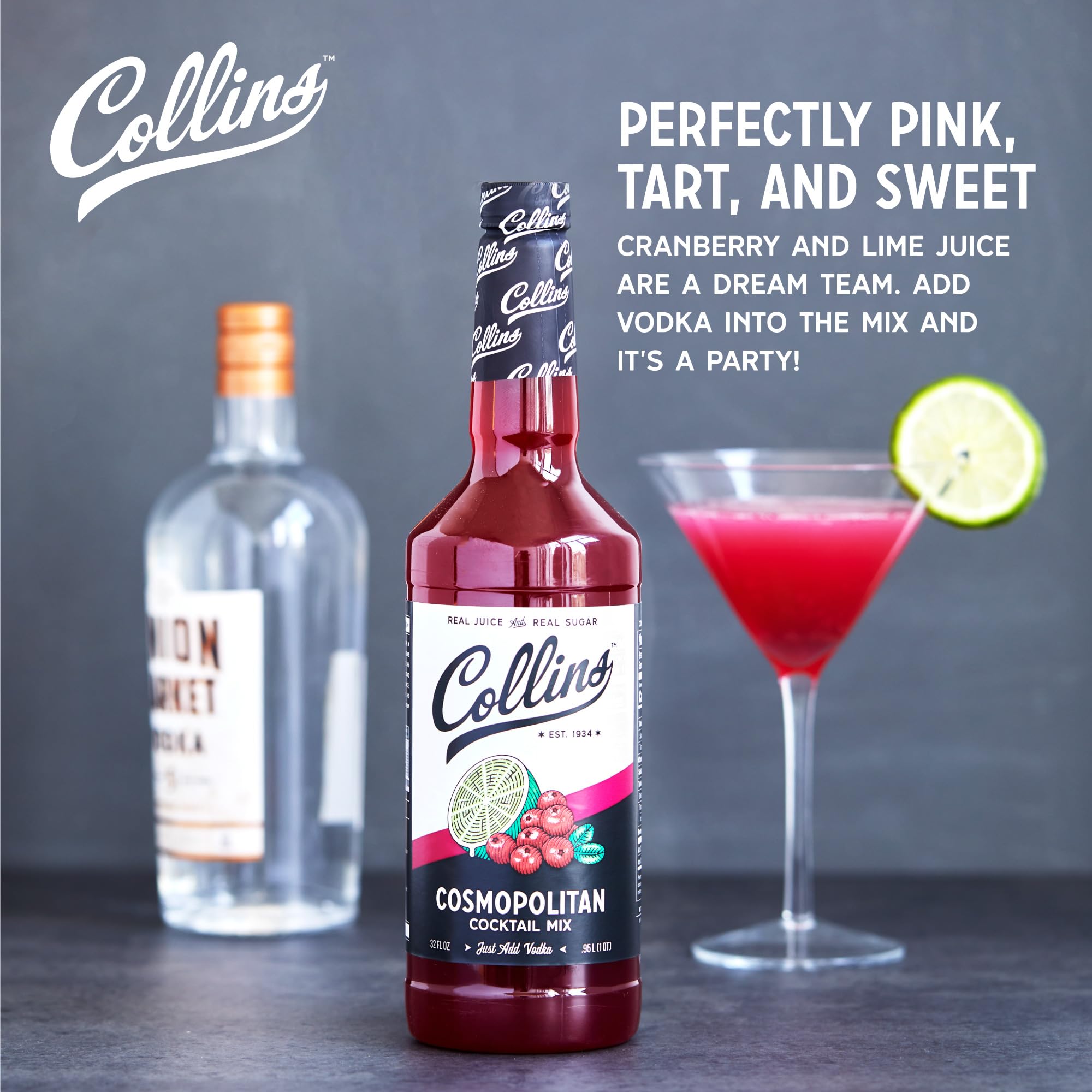 Collins Cosmopolitan Mix label close-up highlighting cranberry and lime ingredients