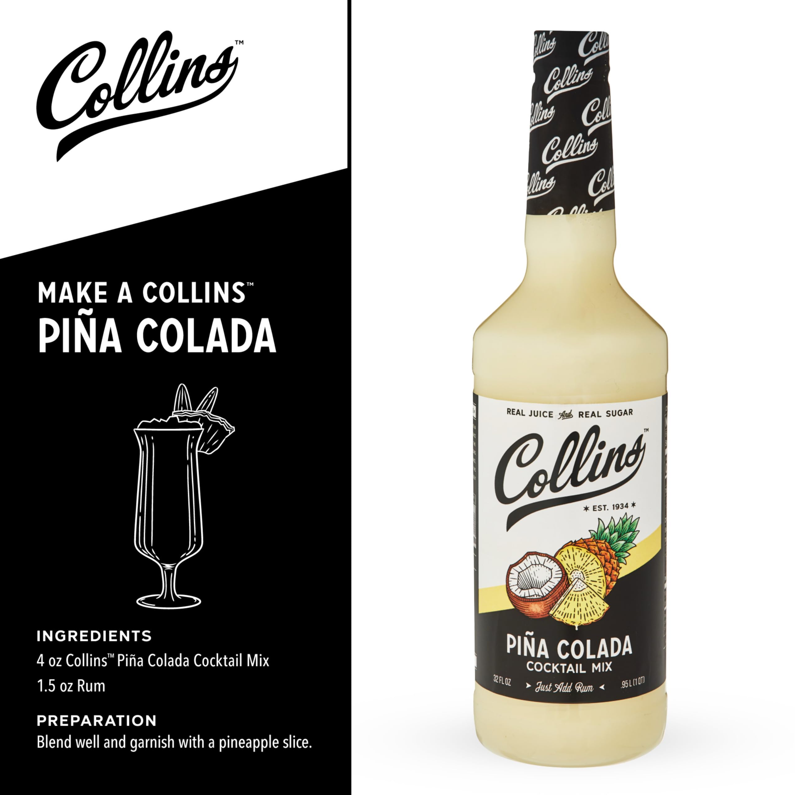 Collins finished pina colada garnished with pineapple and cherry, appealing presentation