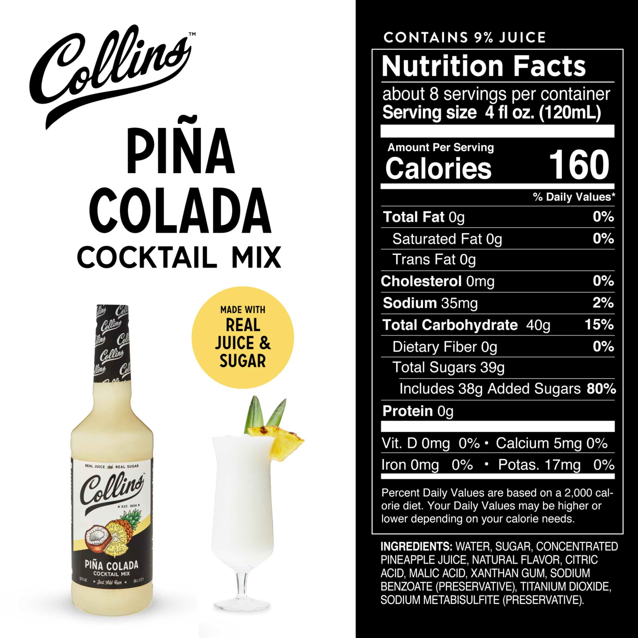 Collins mix with fresh pineapple and coconut halves, highlights real-juice ingredients