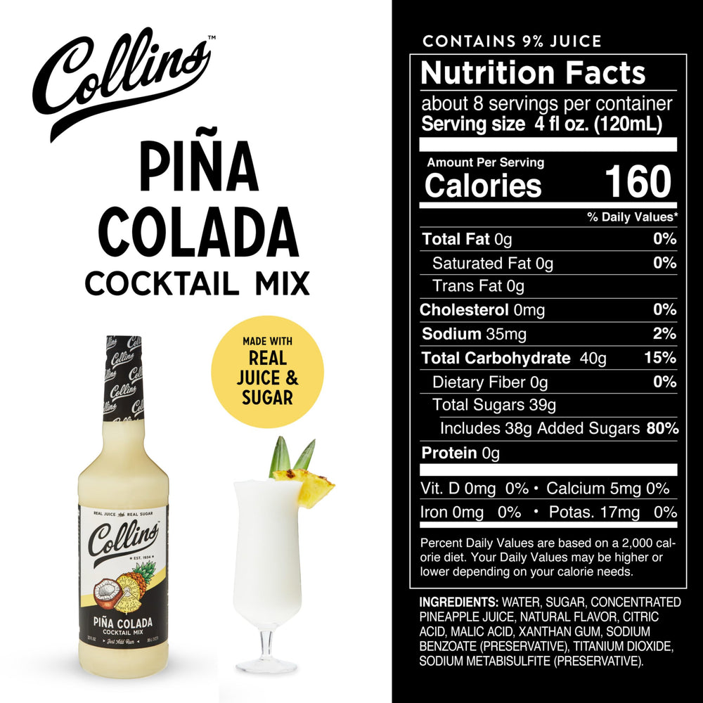 Collins mix with fresh pineapple and coconut halves, highlights real-juice ingredients