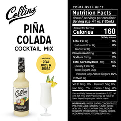 Collins mix with fresh pineapple and coconut halves, highlights real-juice ingredients