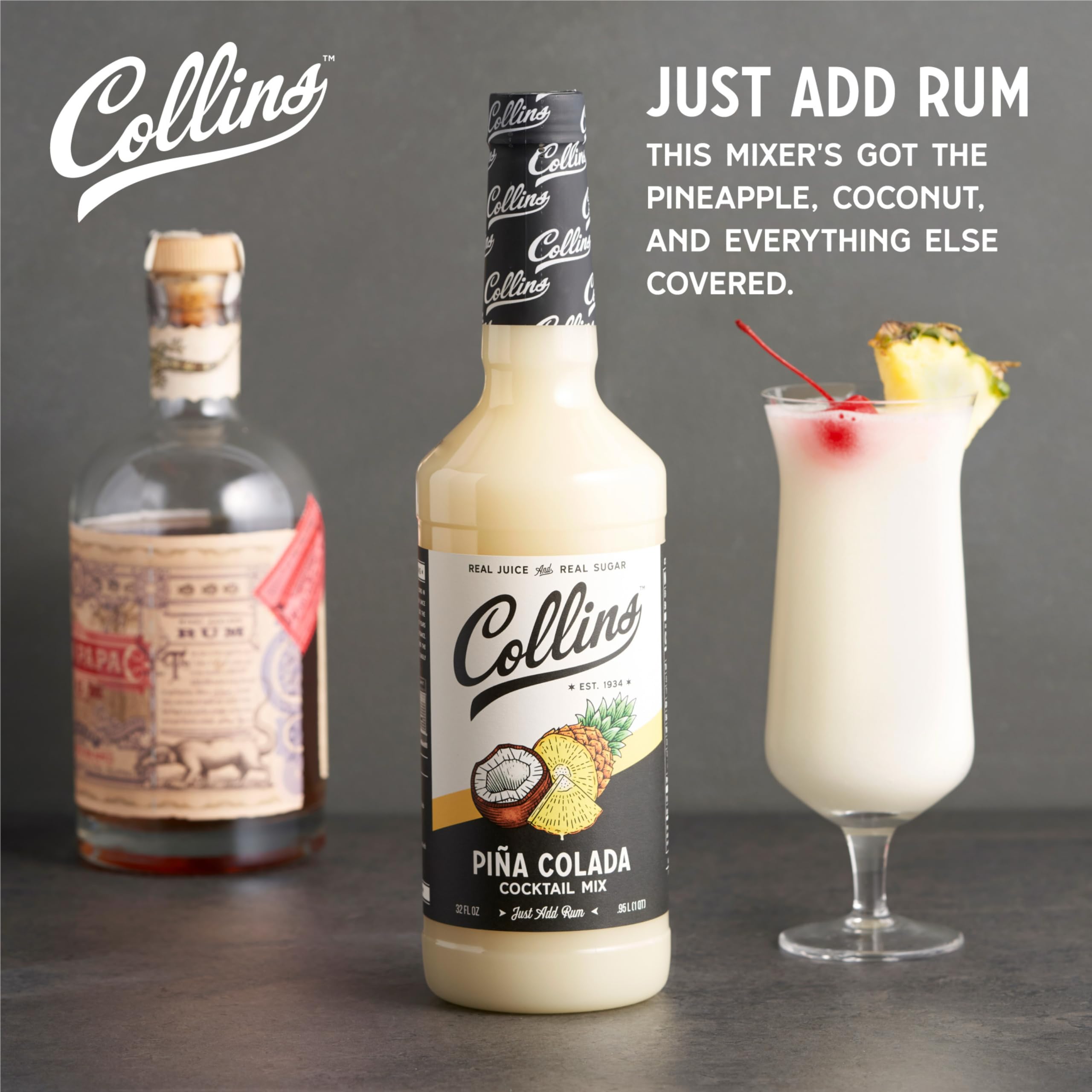 Collins mixing bottle pouring into glass, demonstrates easy single-serve preparation