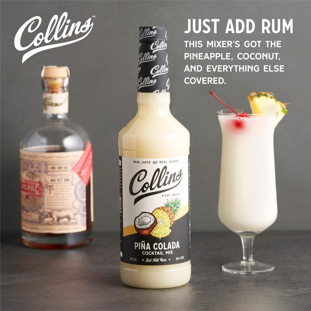 Collins mixing bottle pouring into glass, demonstrates easy single-serve preparation