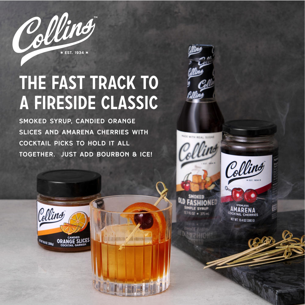 Collins smoked Old Fashioned syrup bottle label close-up highlighting quality