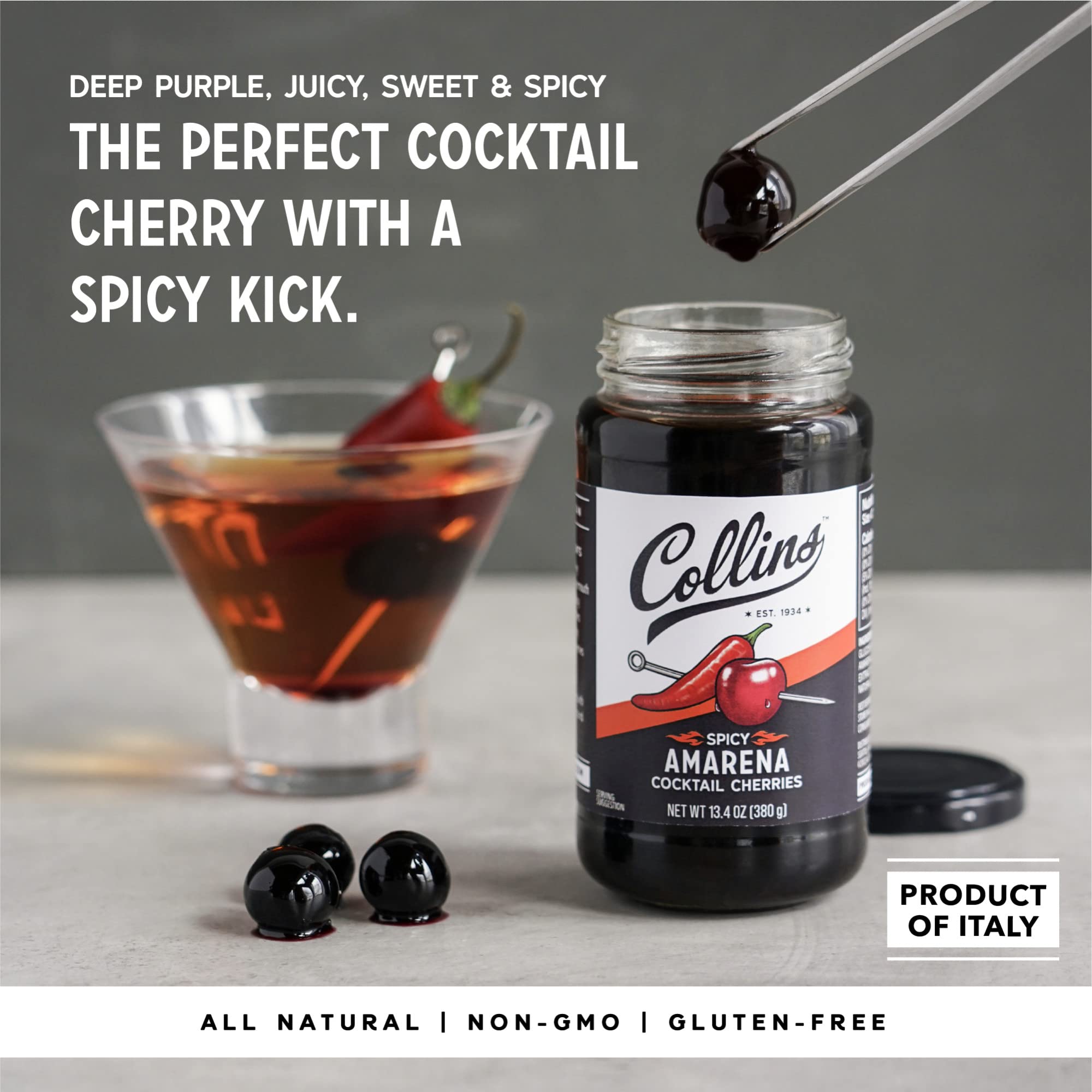 Collins Chicago close-up of amarena cherries highlighting juicy texture and color