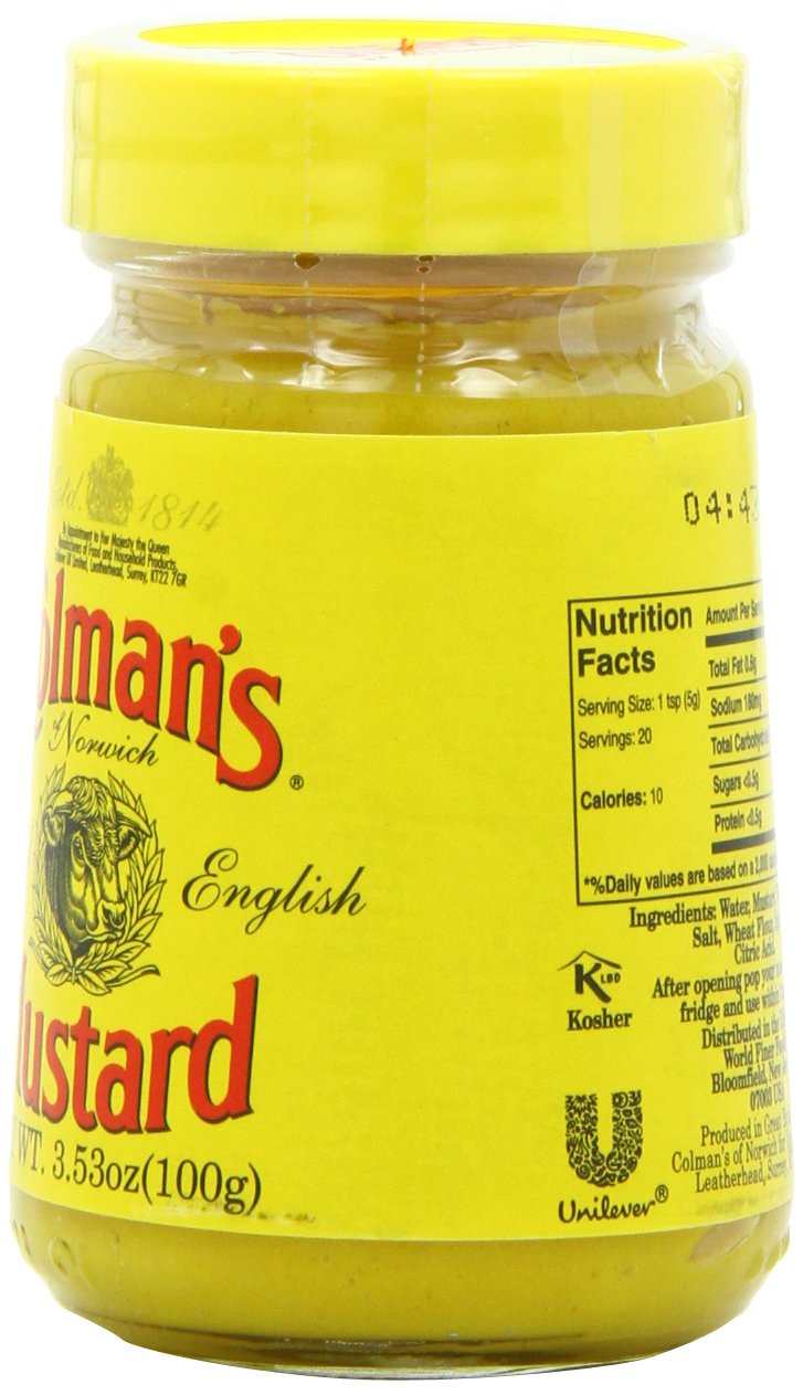 Colman's jar close-up showing smooth mustard texture and bold color for flavor