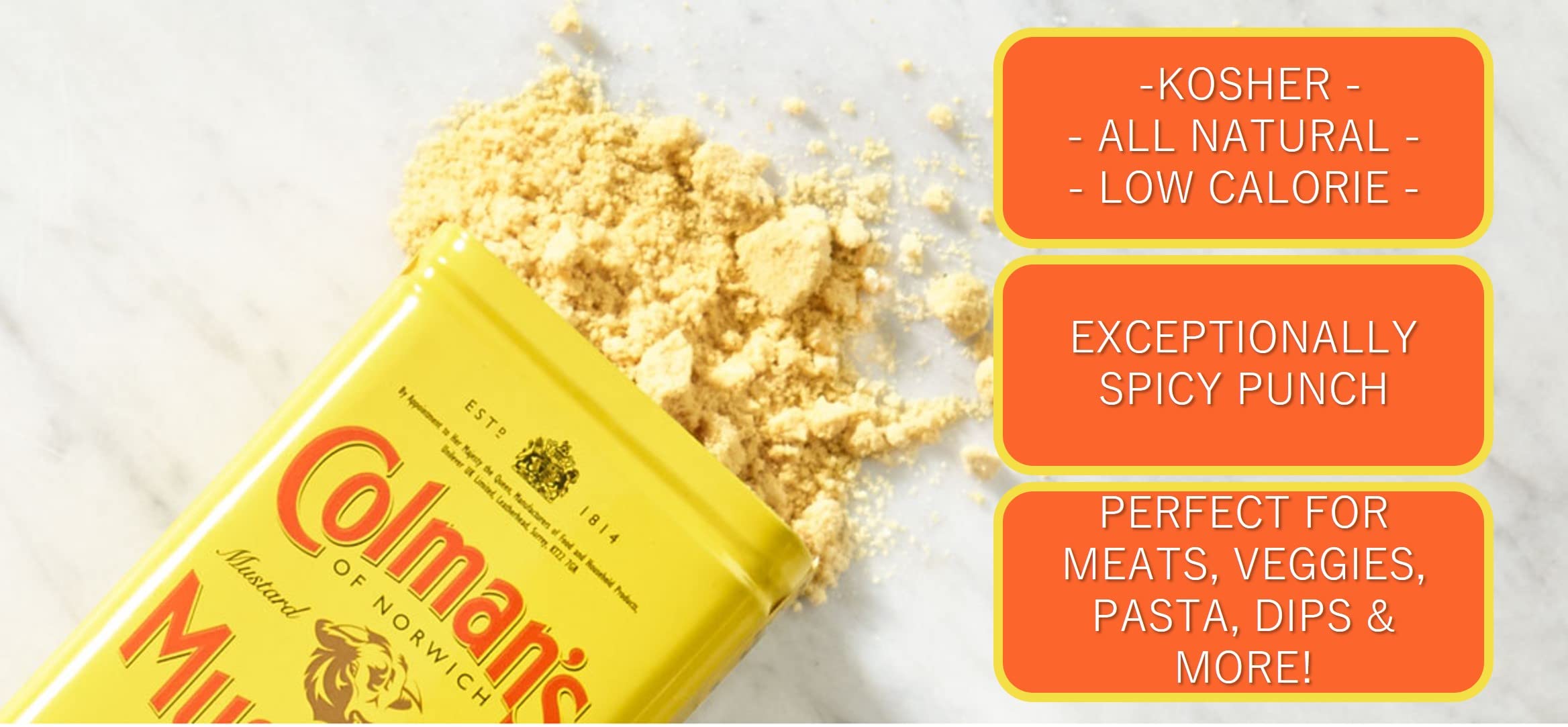 Close-up of Colman's mustard powder texture highlighting fine grind for smooth mixing