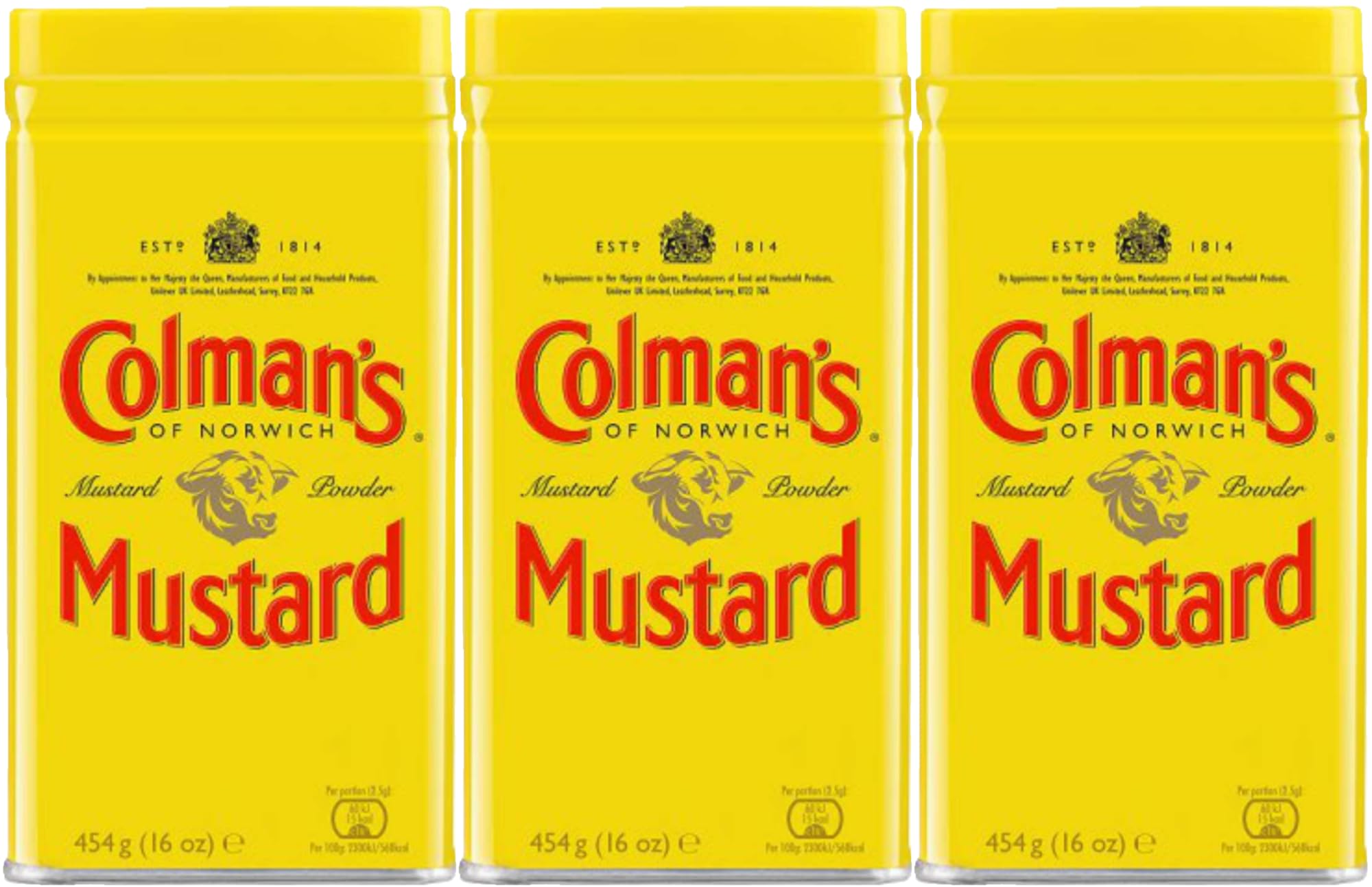 Colman's tin front showing iconic yellow and red label and easy storage benefit