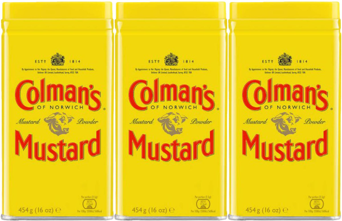 Colman's tin front showing iconic yellow and red label and easy storage benefit