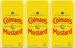 Colman's tin front showing iconic yellow and red label and easy storage benefit