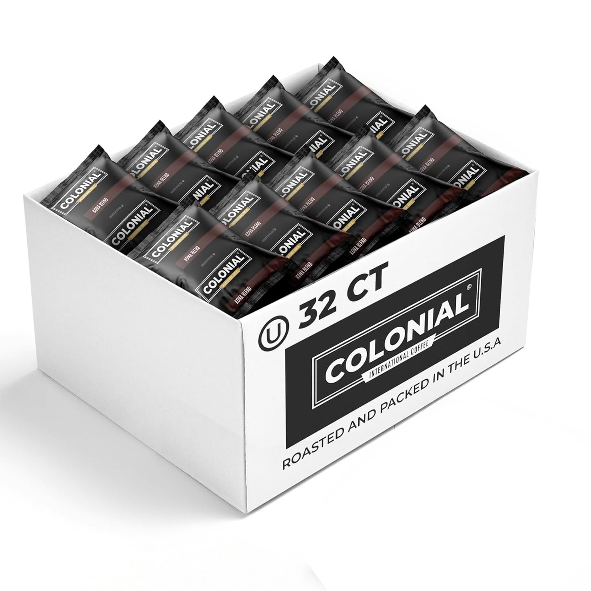 Colonial Coffee box front showing Hawaiian Kona branding and freshness benefit