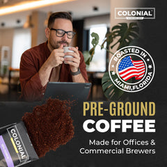 Colonial Coffee opened frac pack displaying fresh ground coffee for consistent pots