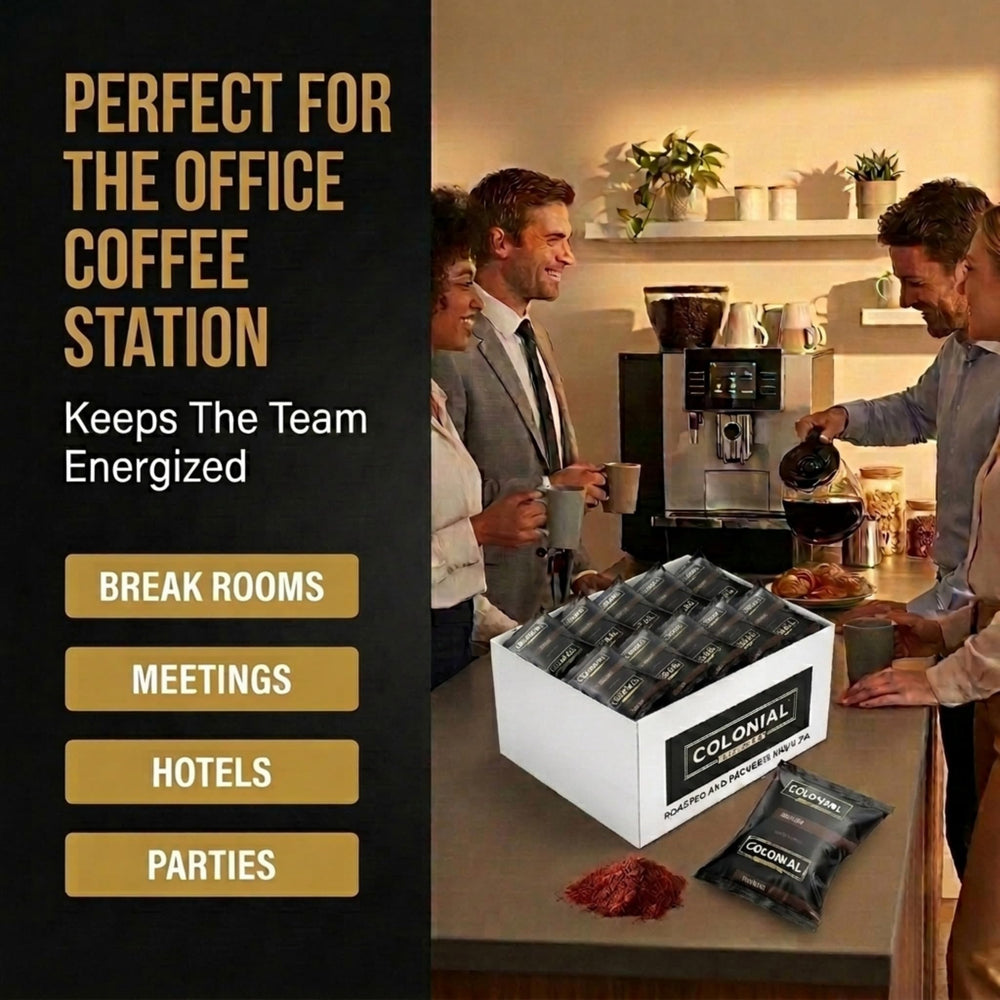 Colonial Coffee pack beside ruler showing 2.5 oz portion for consistent brewing benefit