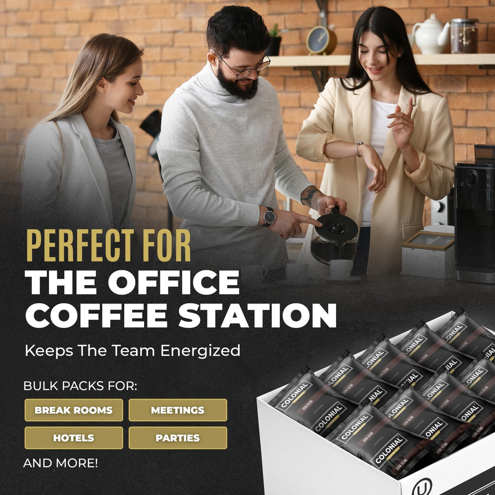 Colonial Coffee single packet placed in drip brewer ready to brew full pot