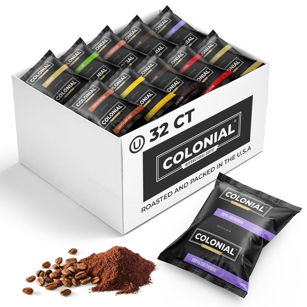 COLONIAL INTERNATIONAL COFFEE front box view showing variety pack for easy selection