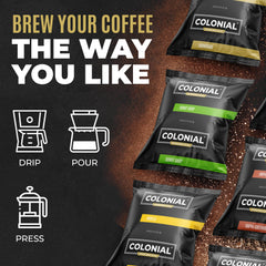 COLONIAL INTERNATIONAL COFFEE ground coffee texture close-up revealing rich aroma and consistency