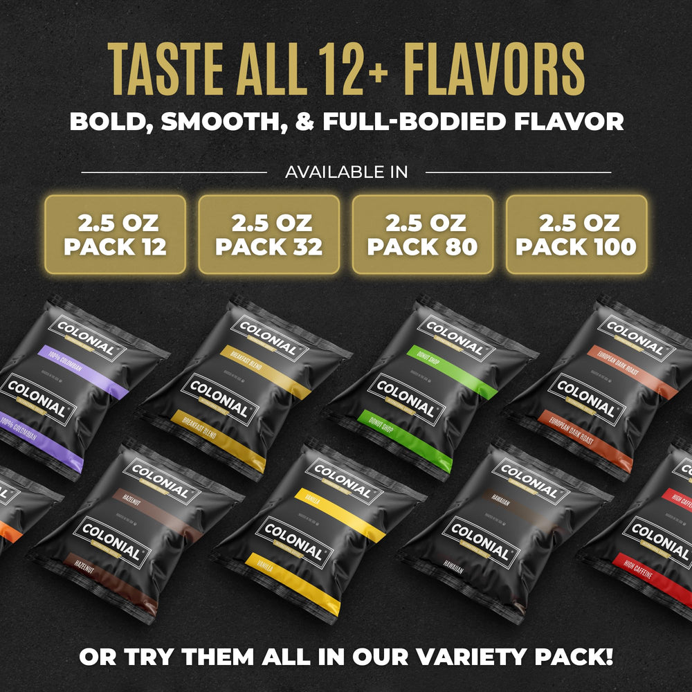 COLONIAL INTERNATIONAL COFFEE frac pack next to a ruler showing 2.5-ounce portion scale