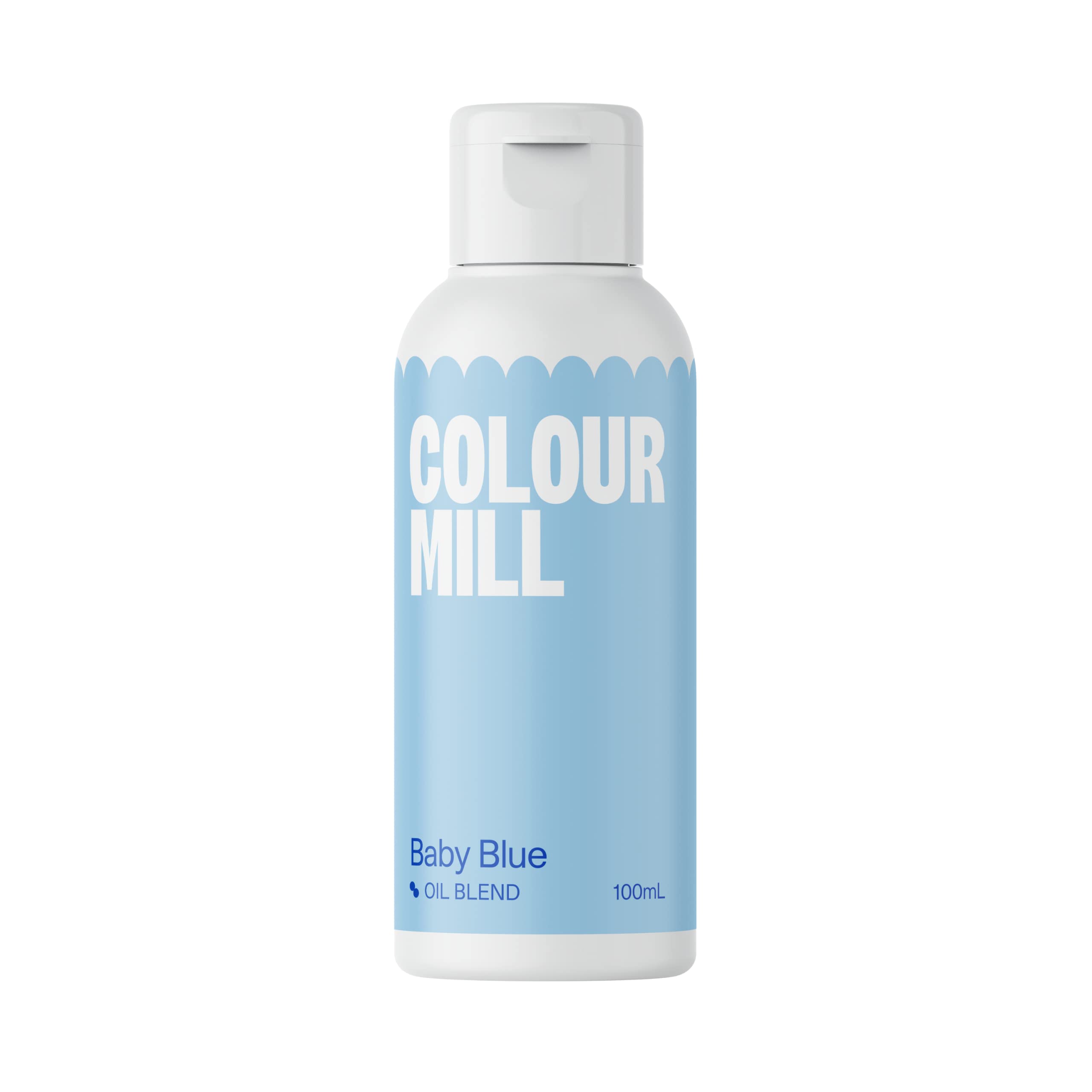 Colour Mill bottle front packaging showing baby blue label and clear sizing benefit