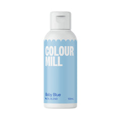 Colour Mill bottle front packaging showing baby blue label and clear sizing benefit