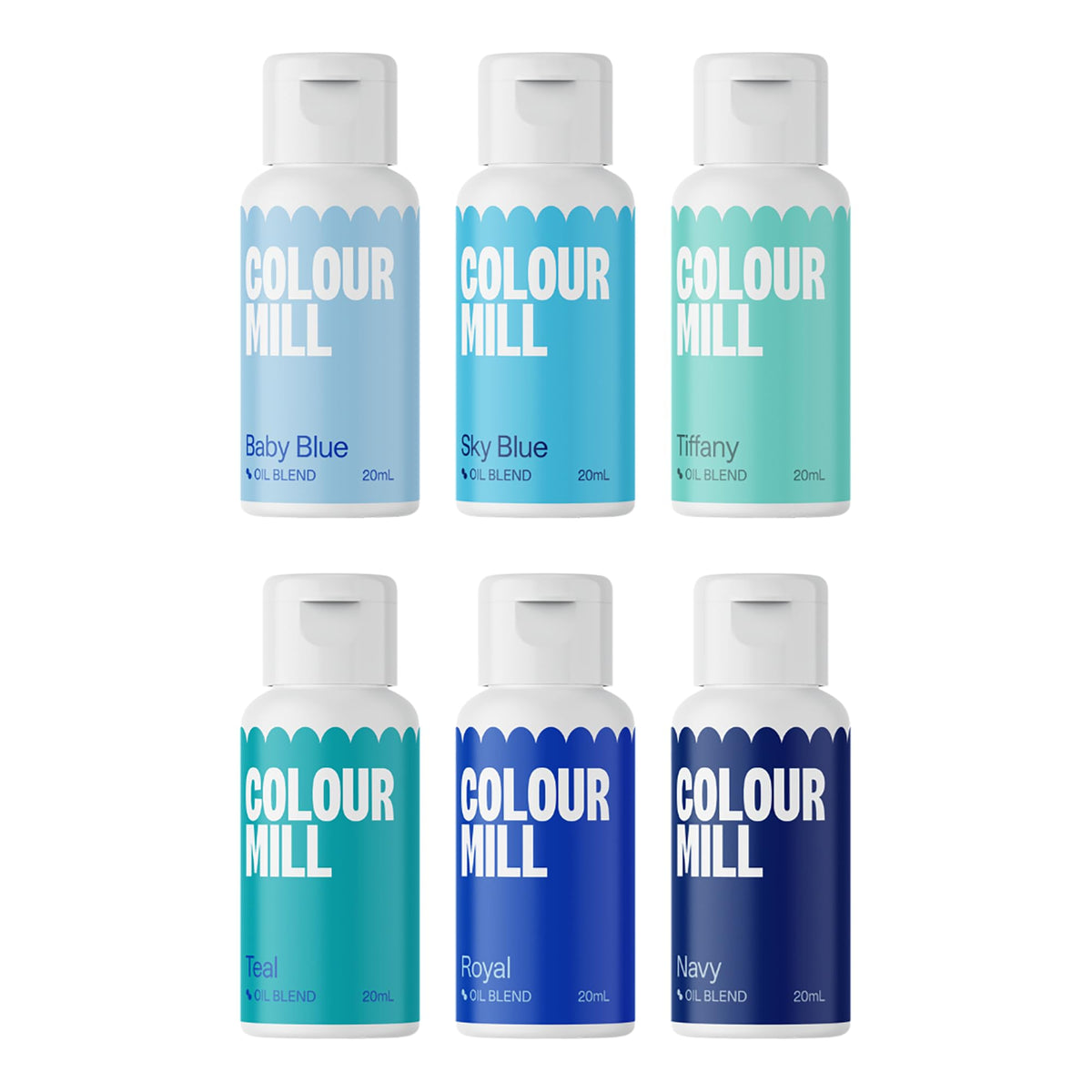 Colour Mill front packaging showing six blue bottles and clear labeling for easy selection