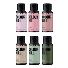 Colour Mill front packaging showing six Aqua Blend bottles and calming tones benefit precise color choices