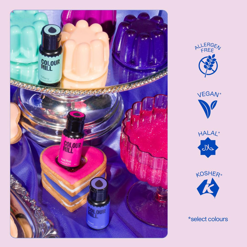Colour Mill bottles on a kitchen counter during baking conveying professional-use convenience