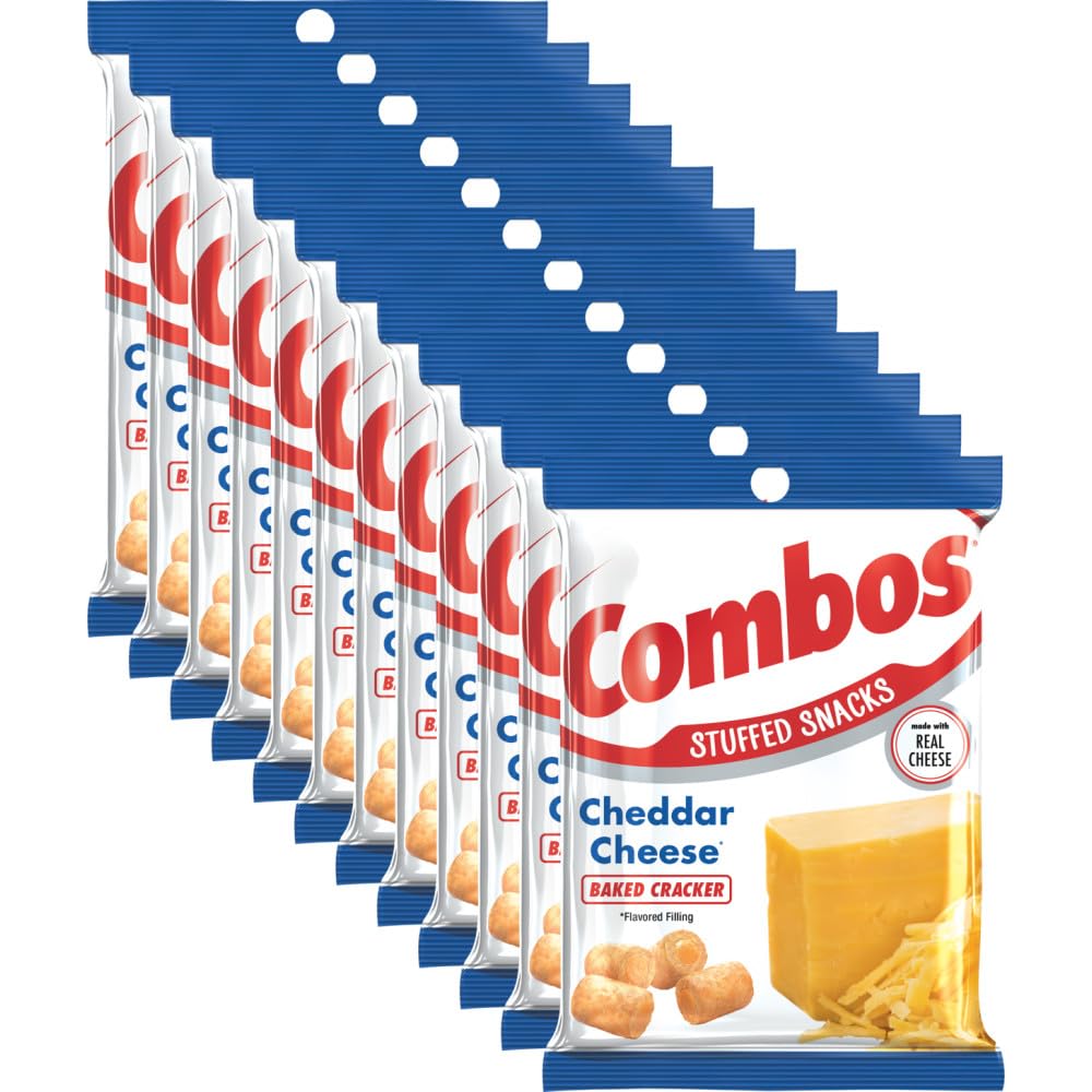 Combos front packaging showing cheddar crackers, highlights portable snack benefit