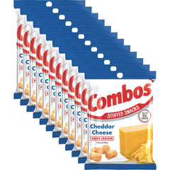 Combos front packaging showing cheddar crackers, highlights portable snack benefit