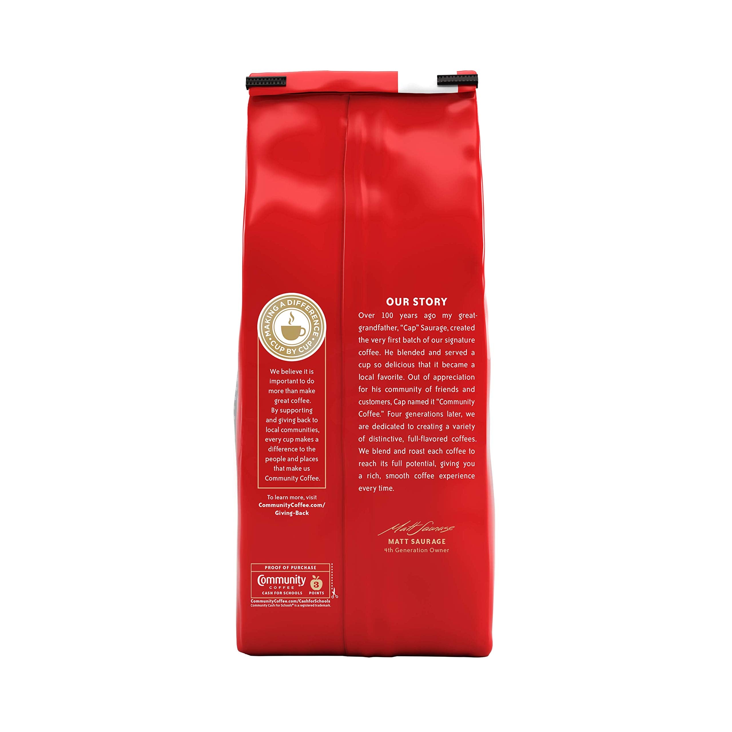 Community Coffee 32 oz bag beside a measuring cup showing quantity for value