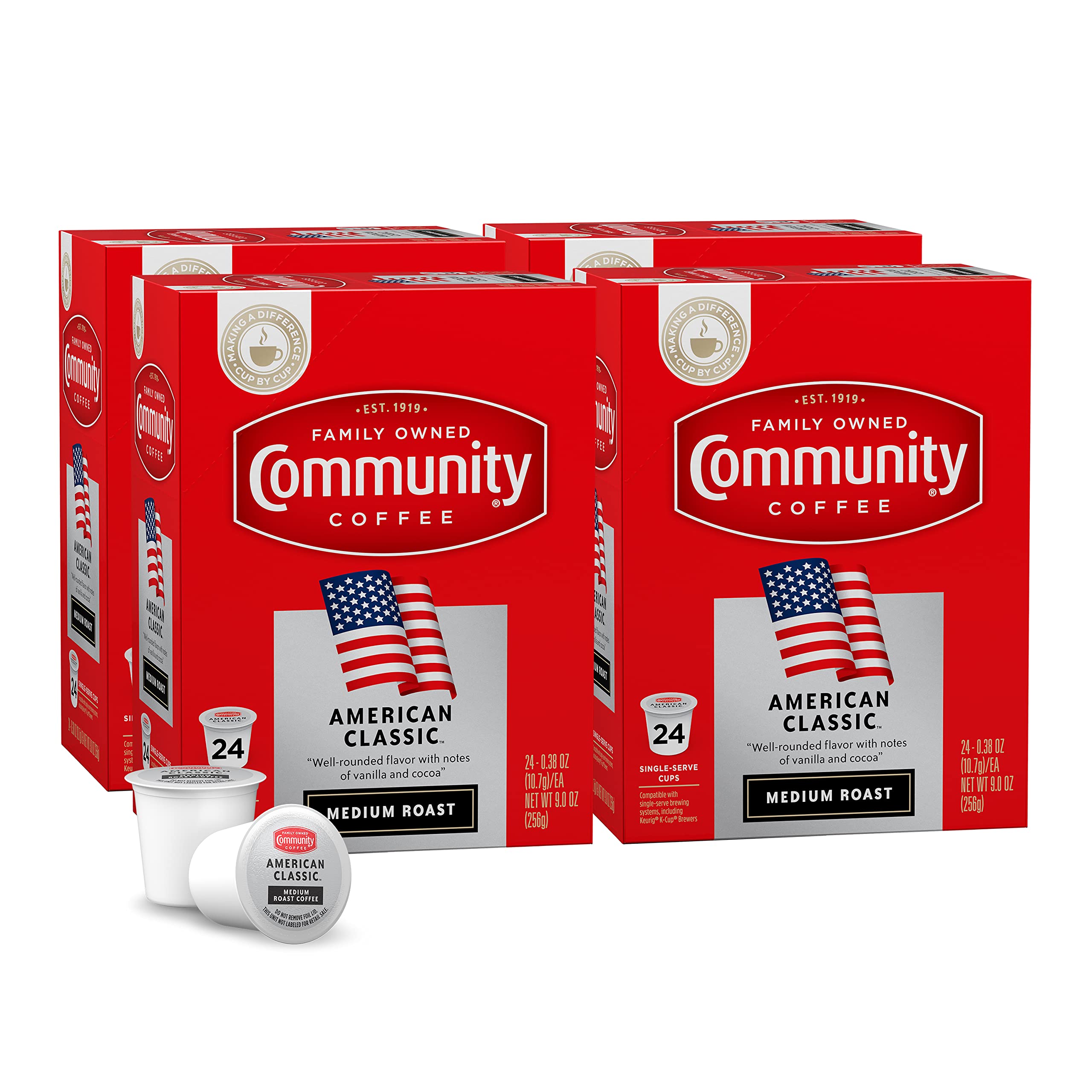 Community Coffee front packaging showing multi-pack pods and clear product branding and convenience