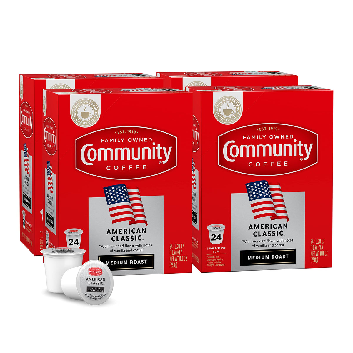 Community Coffee front packaging showing multi-pack pods and clear product branding and convenience