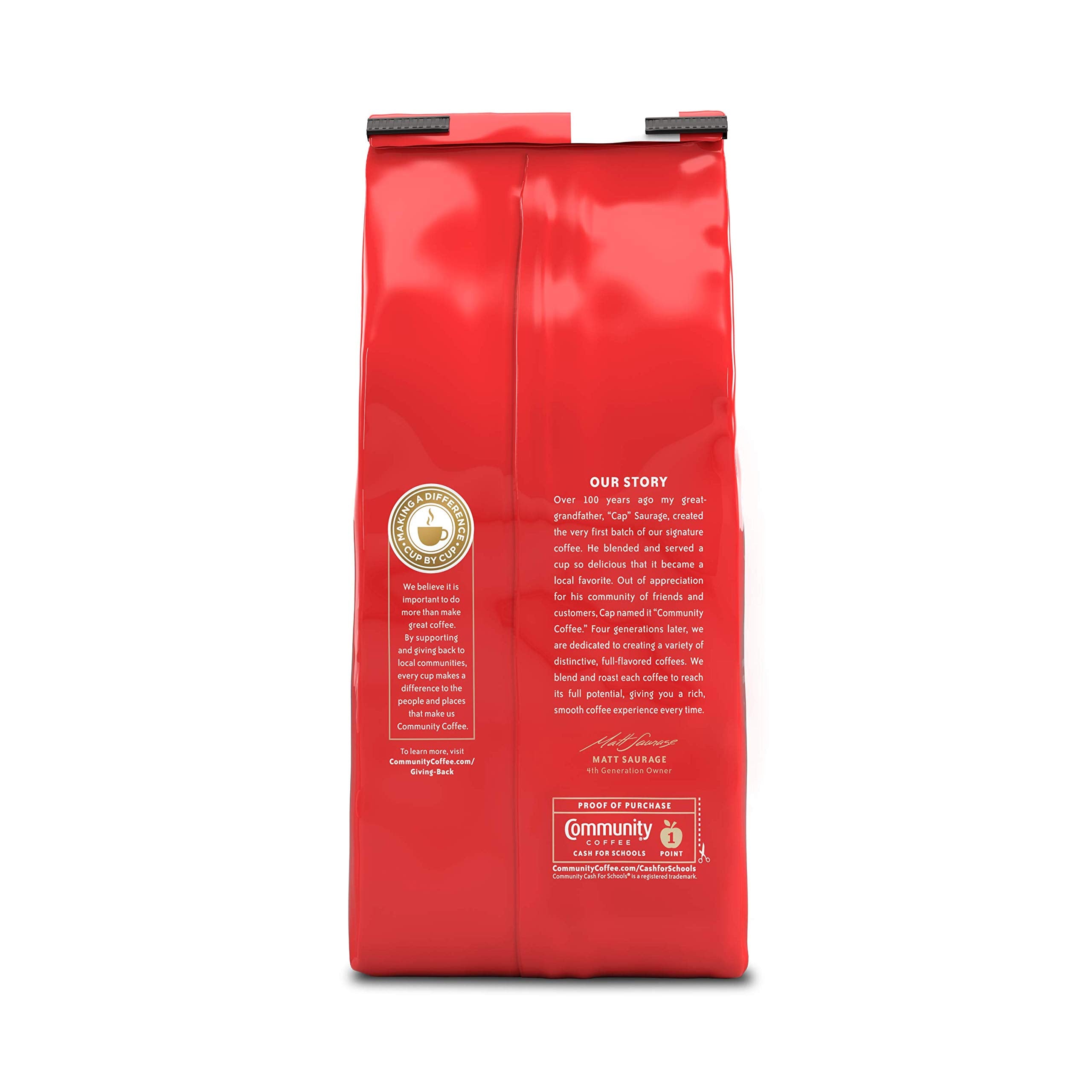 Community Coffee bag close-up label highlighting roast level and half-caff benefit