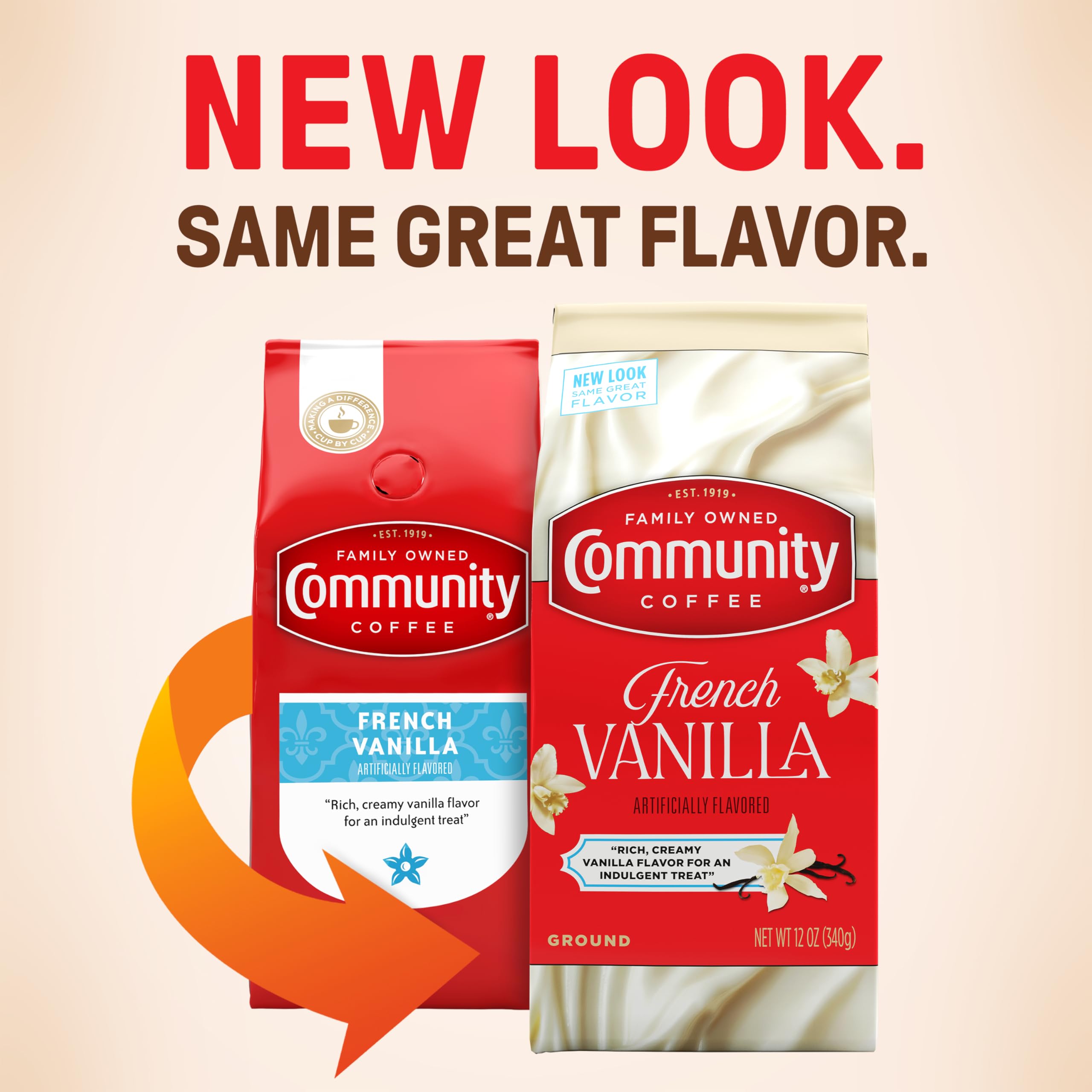 Community Coffee bag label and panel displaying origin details and quality assurance