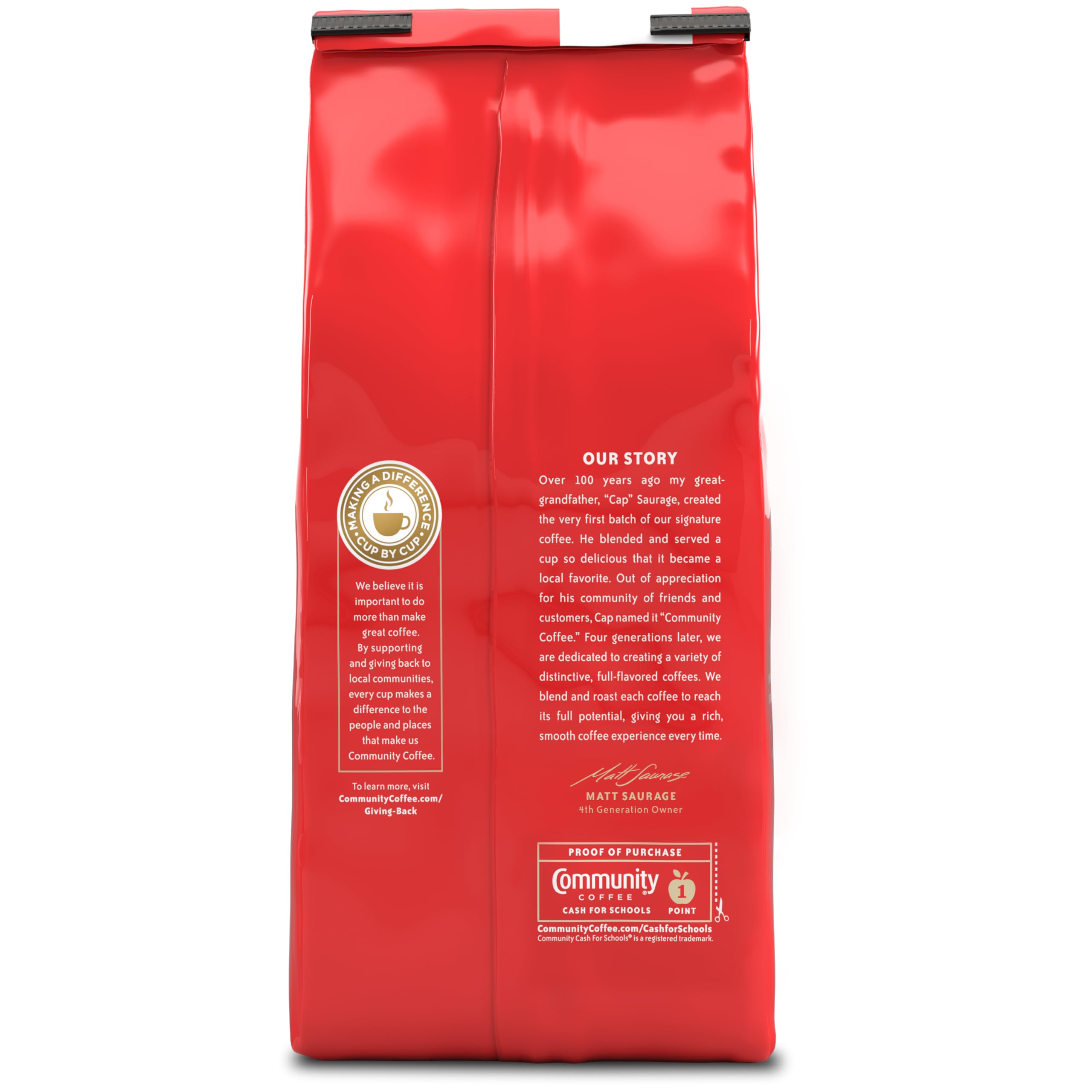 Community Coffee bag label close-up highlights origin and roast ensuring traceable quality