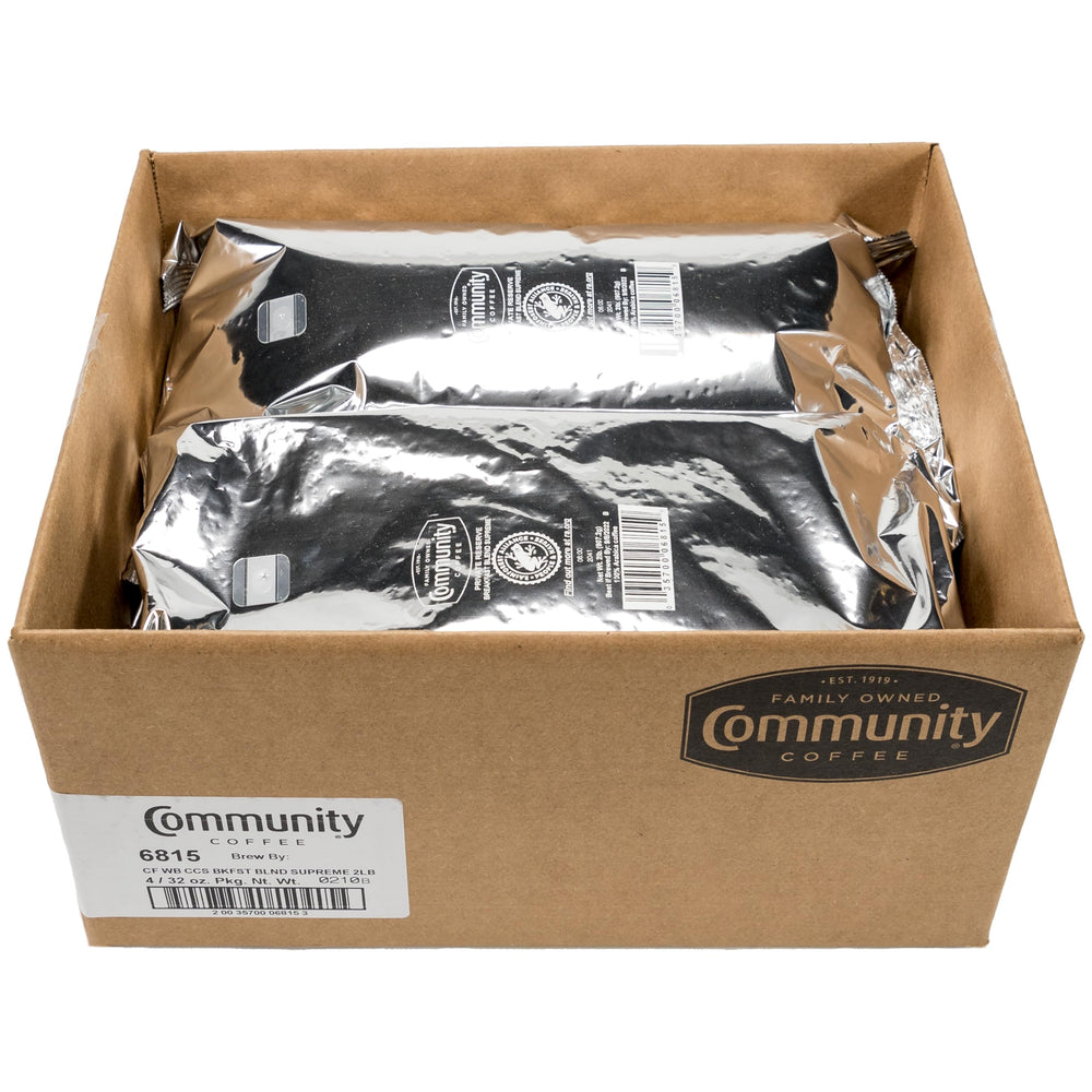 Community Coffee bag label detail highlighting roast and Arabica origin benefit