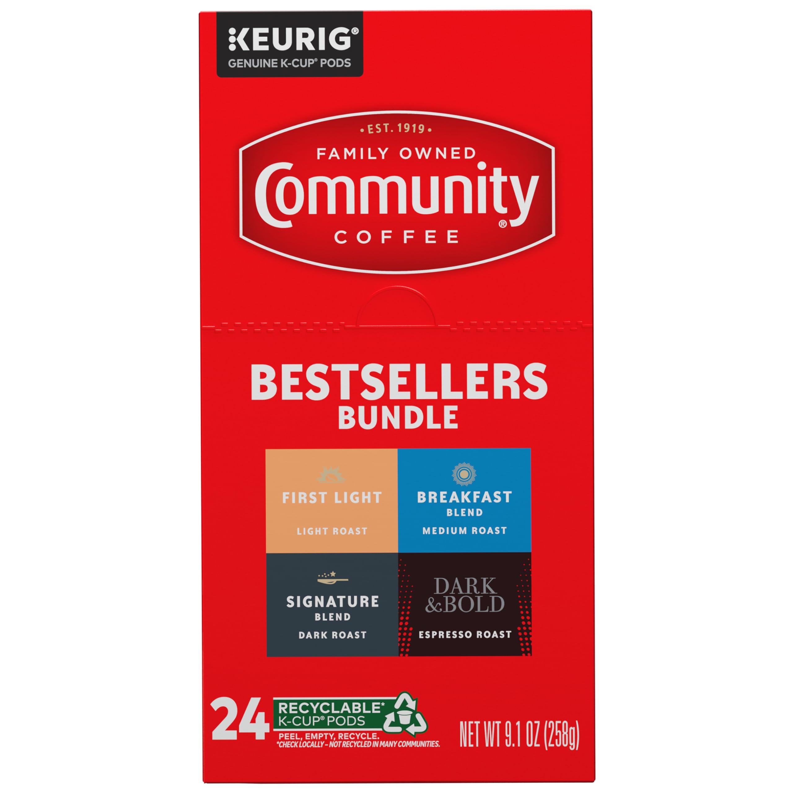 Community Coffee pack labels highlighting each blend and tasting notes for choice