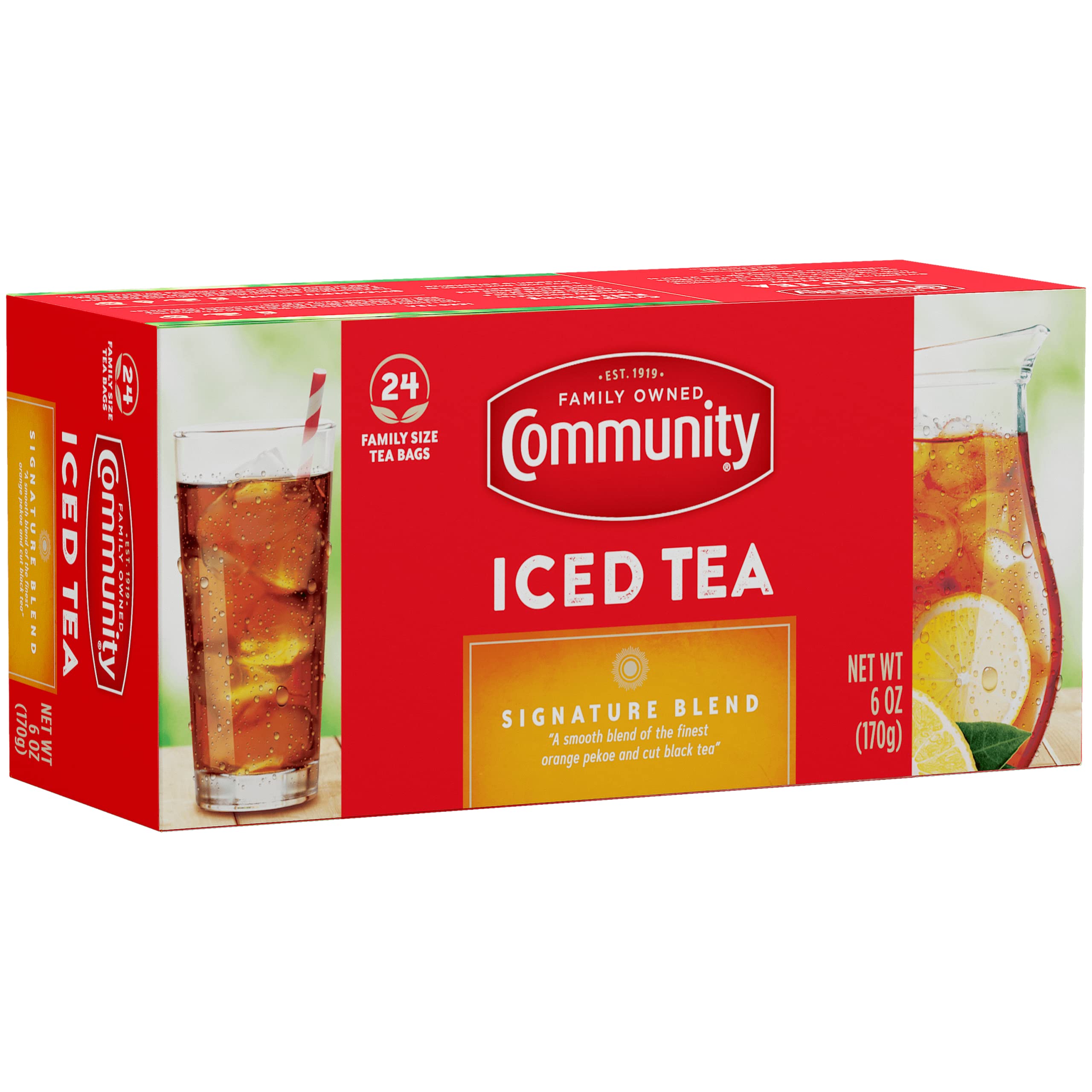 Community Coffee open box arrangement displaying 24 family-size tea bags per box