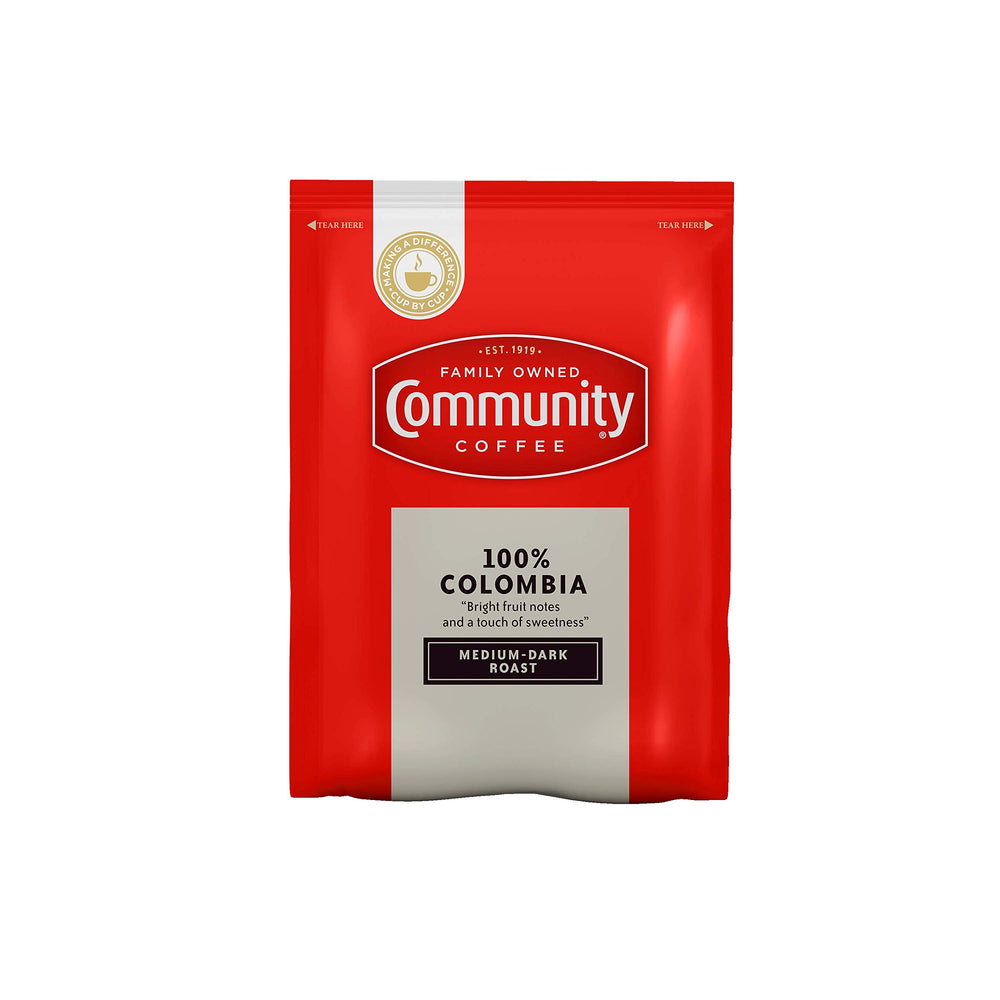 Community Coffee box front showing branding and 40 pre-measured packs, convenient storage