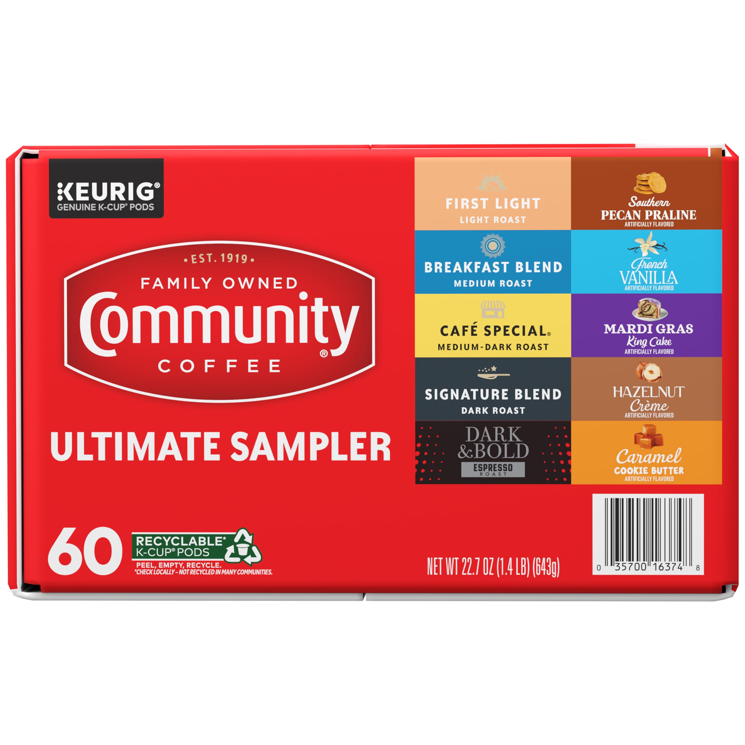 Community Coffee open box with organized pods showing included ten-coffee variety convenience