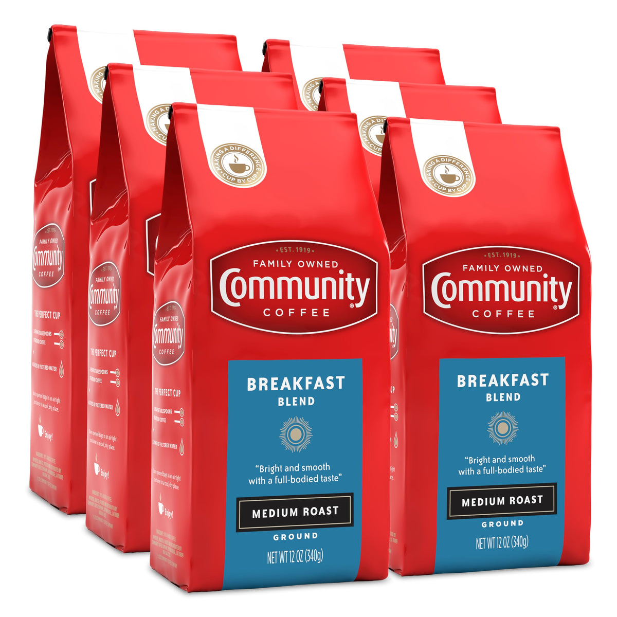 Community Coffee front package showing branding and medium roast benefits