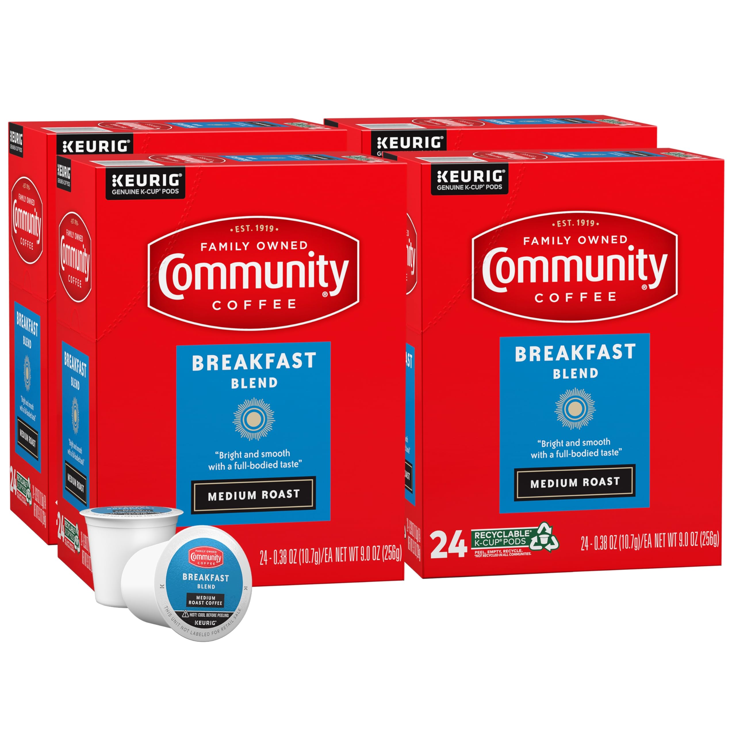 Community Coffee front packaging showing medium roast and 96 pods, easy stocking benefit