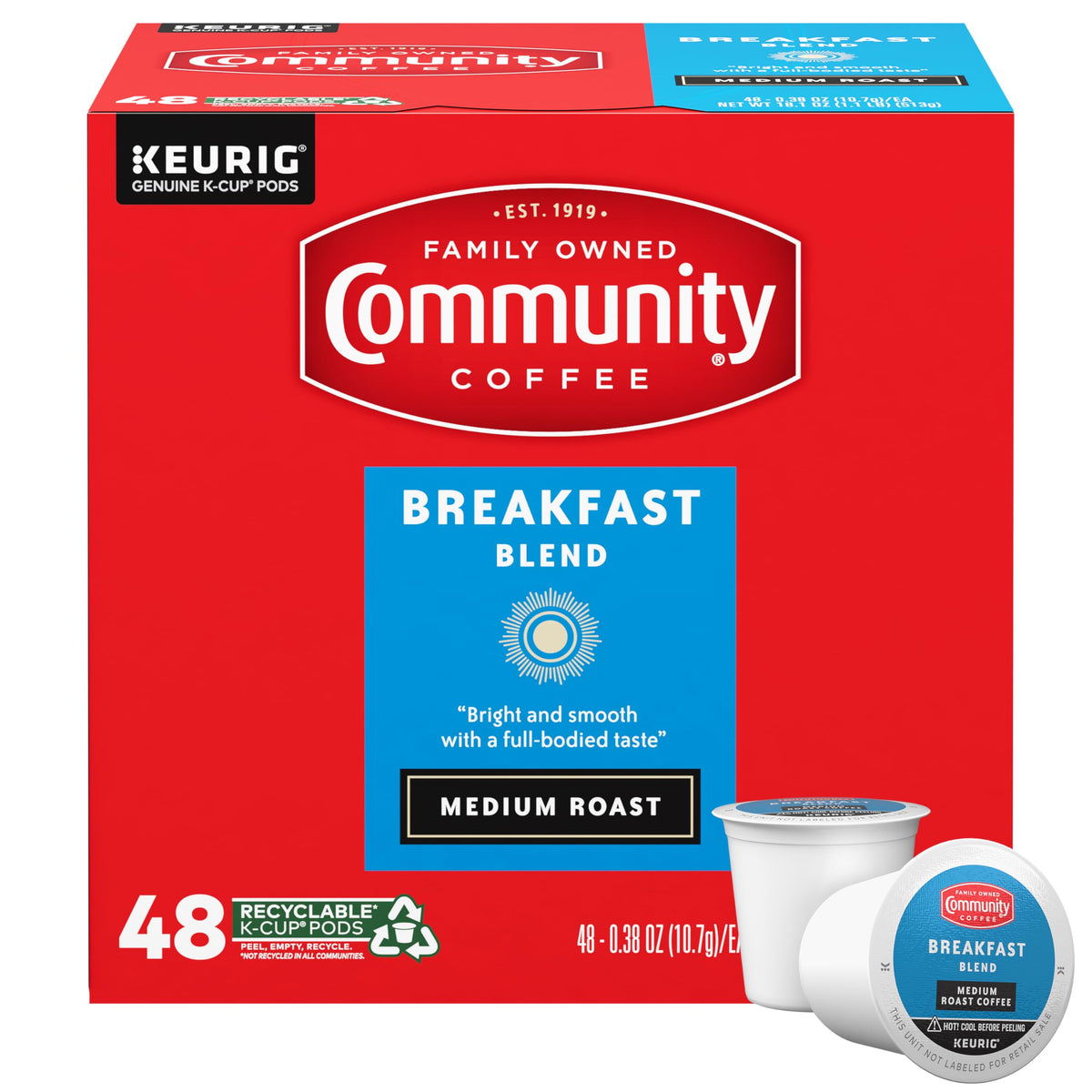 Community Coffee front packaging showing 48-count box and clear branding, convenient supply